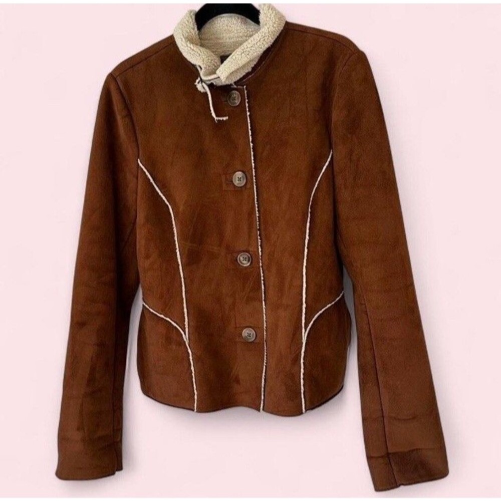 Old Navy brown suede like jacket w/ white stitching and faux fur interior Size L